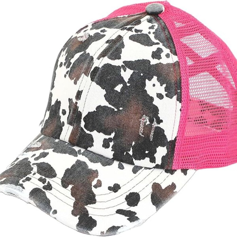 Distressed Cow Print Trucker Cap with Pink Mesh